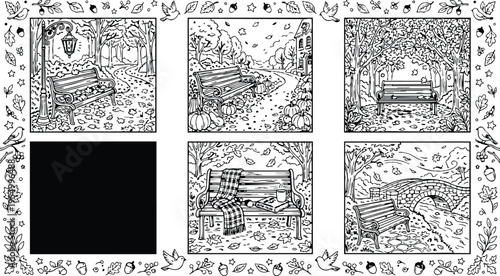 Colorbook style detailed autumn park bench scenes with leaves pumpkins blanket book and coffee cup in cozy peaceful nature settings with walking paths and stone bridge view