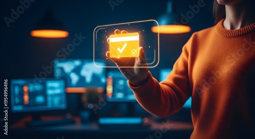 person interacting with futuristic interface in modern office