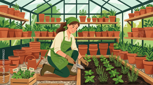 Female gardener tending organic herbs in sunlit greenhouse with terracotta pots