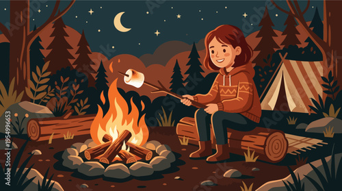 A young girl enjoys roasting a marshmallow over a campfire at night