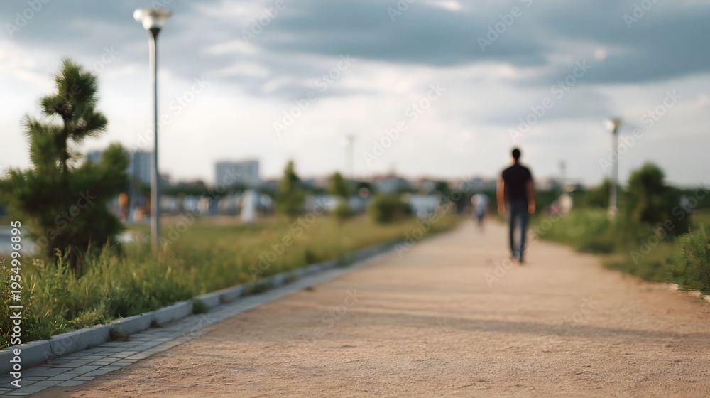 Obraz premium A solitary figure walks down a sun d d path in a serene park setting with distant cityscapes under a cloudy sky