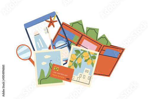 Mediterranean summer travel concept illustration with bank card, italian photos, hygiene elements and money purse. Composition of summer vacation trip elements.
