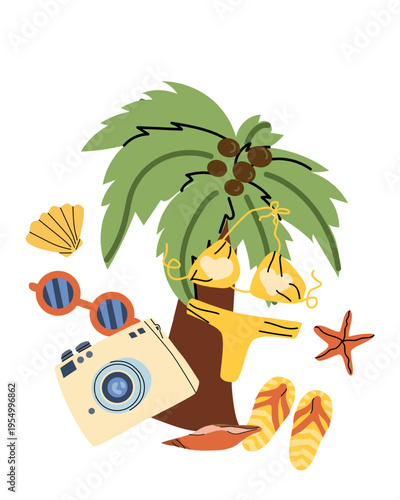 Summer time concept illustration with coastal travel elements - bikini, camera, sunglasses, flip flops, seashells. Summer tourism composition with vacation elements. Vector cartoon flat illustration