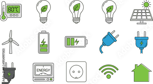 Renewable energy and smart home icon set featuring solar panels, wind turbine, eco light bulbs, battery charging, electric plugs, thermostat, and green house for sustainability.