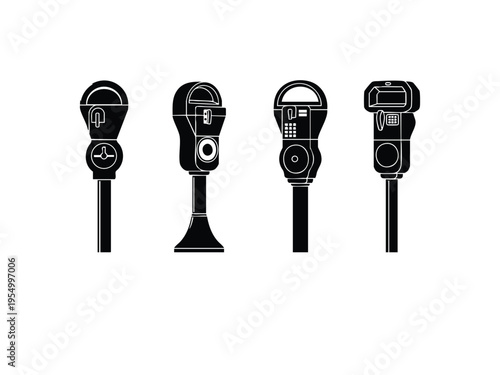 Parking meter silhouettes isolated on white background for urban transport and city street
