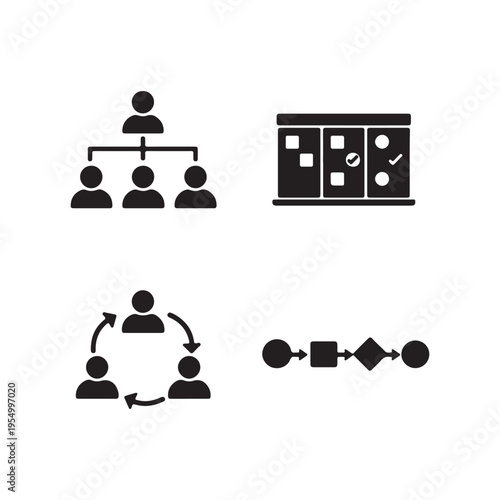  Business Management and Project Workflow Icon Set: Hierarchy, Kanban Board, Teamwork, and Process Flowchart