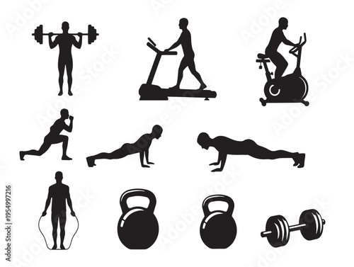 Various exercises and workout equipment icons