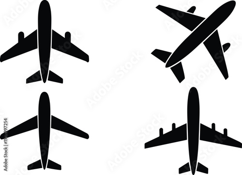Black airplane icons set vector graphic silhouettes for global air travel and transport applications