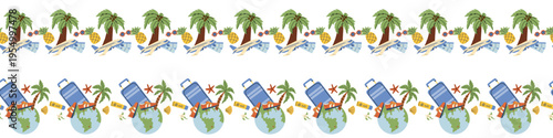 Travel tourism seamless border pattern. Suitcases, map, backpack, palm planet. Tourism flat vector illustration. Isolated on white background.