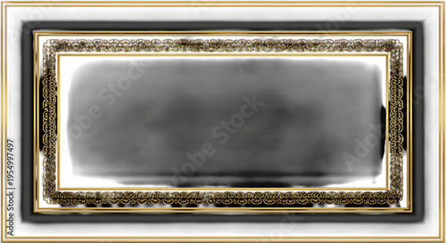 Black square frame with ornate gold border isolated on a transparent background