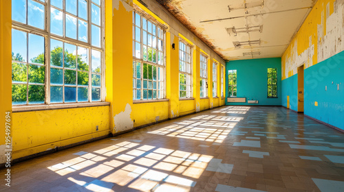 Bright and spacious interior showcasing adaptive reuse architecture with vibrant yellow and blue walls, large windows, and natural light streaming