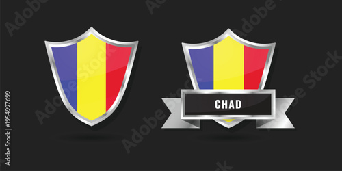 Premium quality vector set of the Chad flag in a silver shield with ribbon. Suitable for national celebrations, sports identity, and Chadian cultural representation.