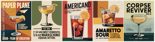Vintage-style cocktail poster set featuring Paper Plane, Americano, Amaretto Sour and more. Art deco flat vector design with recipes, bold typography and elegant retro color palette.
