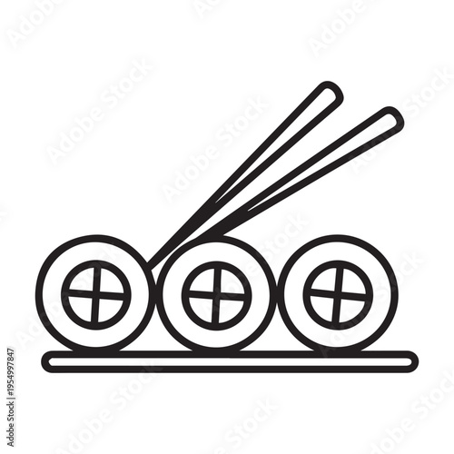 Traditional Japanese Maki Sushi Rolls on Platter with Chopsticks Line Art Icon for Asian Food Branding