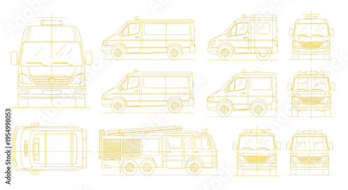 Vehicles with Passengers Technical Vector Set – Van Fire Truck Emergency Alert Multiview Yellow Outline Drawings