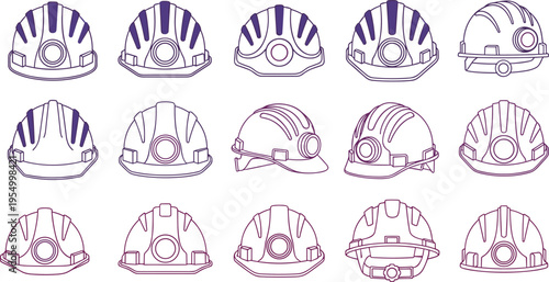 Industrial safety hard hat vector icon set featuring protective construction helmets with headlamps for mining, engineering, building site workers, and occupational health and safety.