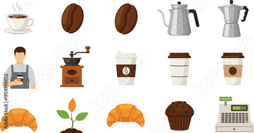 Comprehensive coffee shop vector icon set featuring barista, roasted beans, brewing equipment, takeaway cups, fresh croissants, chocolate muffin, and vintage cash register for cafe branding.