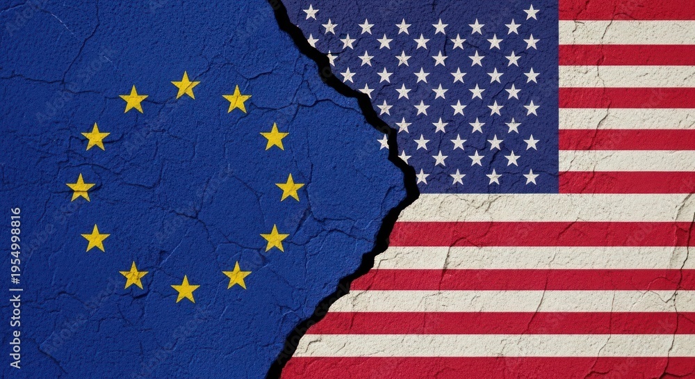 Obraz premium EU and USA flags painted on cracked wall symbolizing transatlantic relations.