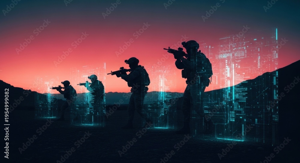 Obraz premium Futuristic soldiers on a mission with advanced technology.