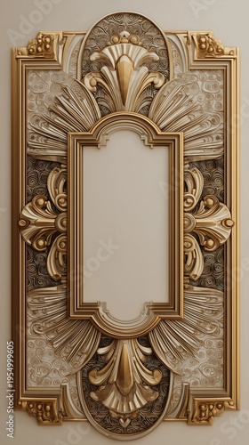 Vertical ornate gold rococo frame with intricate floral carving on light wall background