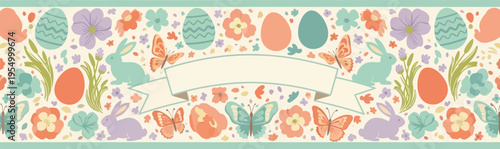 Pastel colored banner features Easter eggs, rabbits, flowers, and butterflies with a central empty ribbon for text.