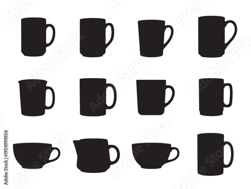 Set of black coffee mugs in different orientations
