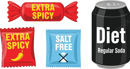 Assorted food packaging mockups including an extra spicy candy wrapper, a salt free packet, and a diet soda can are grouped together.