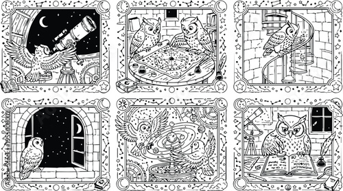 Colorbook style intricate vector art set of owls engaging in astronomy study with telescope map spiral stairs mystical black and white magical scene collection