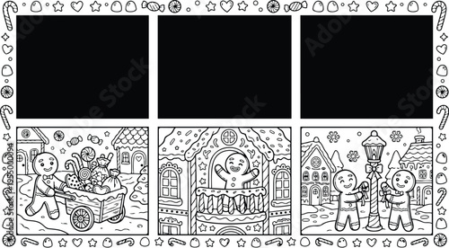 Colorbook style detailed winter scene with gingerbread characters decorating house pulling candy cart celebrating outside snowy village landscape in festive mood