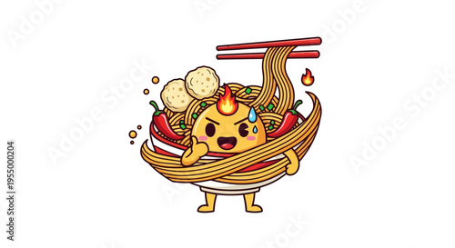 Cute cartoon character in a bowl of spicy noodles with meatballs and chili peppers, looking angry and hot with flames.