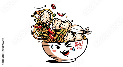 Cartoon illustration of a sweating bowl of spicy noodles with chili peppers and crackers, indicating 'Level 2 Medium Spicy'.