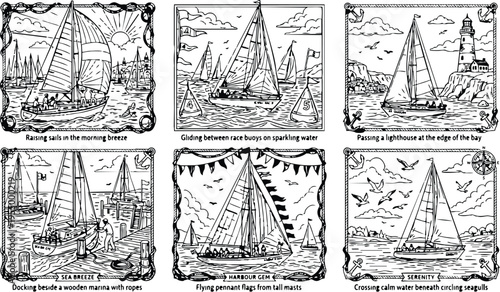 Colorbook style detailed line art scenes of sailboats raising sails gliding racing passing lighthouse flying pennant flags crossing calm water with seagulls nautical maritime illustrations