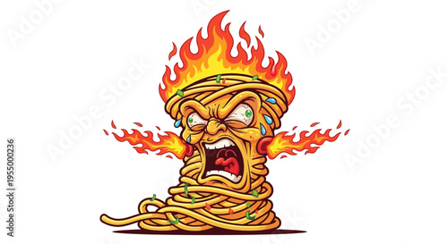Cartoon illustration of an angry spaghetti monster on fire, with flames erupting from its head and ears, depicting a humorous and chaotic culinary character.