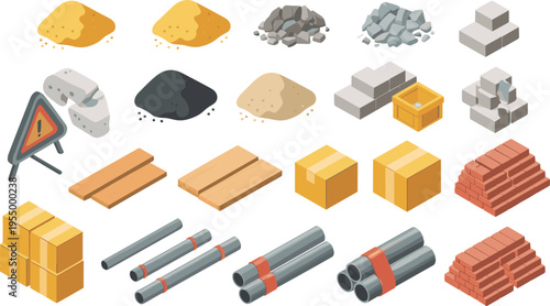 Construction materials set with sand gravel bricks wood pipes boxes isometric vector illustration building supplies industry equipment design collection
