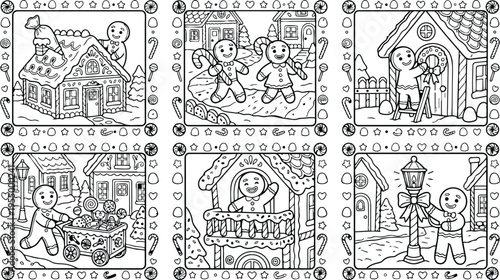 Colorbook style vector art featuring gingerbread characters decorating houses eating candy and celebrating christmas holiday scenes with detailed outlined borders and festive winter mood