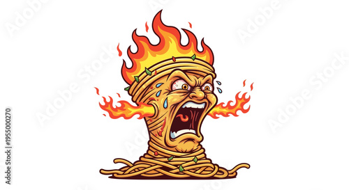 Fiery spaghetti monster screaming in rage with flames erupting from its head and sides, cartoon illustration.