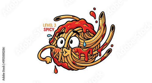 Cartoon spaghetti monster character with red sauce, sweating and looking spicy, labeled 'LEVEL 3 SPICY' on a white background.