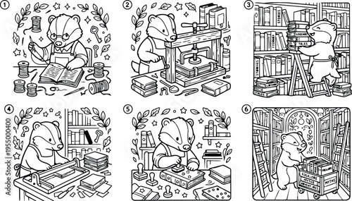 Colorbook style detailed line art showing badger character typing writing and printing books with tools at office desk surrounded by leaves and stars