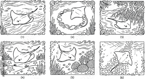 Colorbook style detailed underwater scenes with marine stingrays swimming near coral reefs starfish and mangrove roots six hand drawn ocean vector artworks in black and white outline