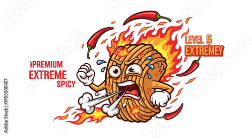 Cartoon noodle character on fire, sweating from extreme spiciness, surrounded by chili peppers and flames, with text indicating 'PREMIUM EXTREME SPICY' and 'LEVEL 15 EXTREMEY'.