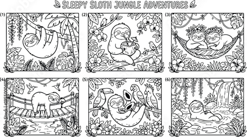 Colorbook style jungle sloth adventures showing smiling sloths hanging climbing swinging relaxing in hammock and pond with tropical foliage and jungle animals