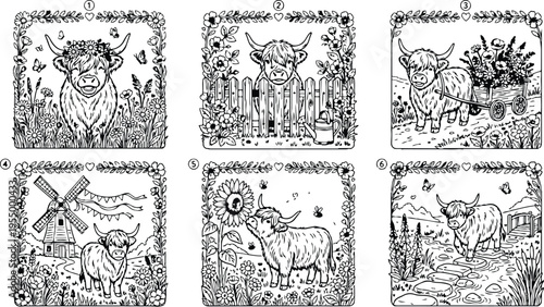 Colorbook style detailed close up highland cow with flower crown and butterflies cute farm animal vector art natural garden setting vintage line drawing border