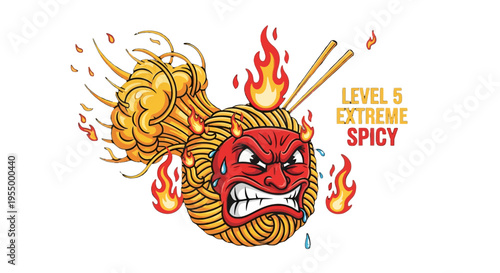 Cartoon illustration of an angry red devil face made of ramen noodles, engulfed in flames, with chopsticks, representing extreme spicy food.
