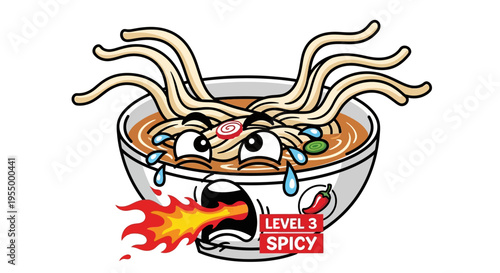 Cartoon bowl of ramen with a face, sweating and breathing fire, indicating extreme spiciness with a 'LEVEL 3 SPICY' label.