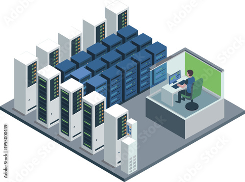 Data center server room with technician monitoring system isometric vector illustration cloud computing network storage technology infrastructure security design