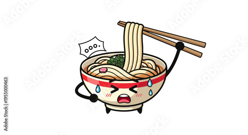 Cute cartoon bowl of noodles crying as chopsticks take a large portion, expressing distress on a white background.