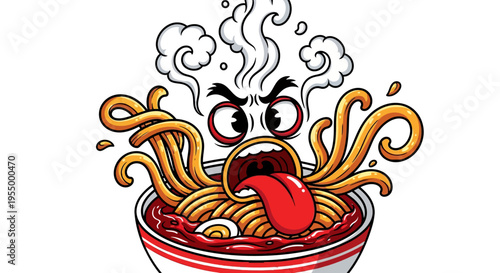 An angry, steaming bowl of ramen noodles with a cartoon face, wide open mouth, and a long red tongue sticking out, depicted in a vibrant, illustrative style.