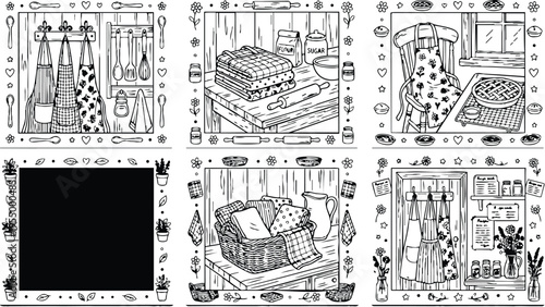 Colorbook style detailed kitchen linens hanging wooden rack close up and basket of towels on wooden table with baking ingredients surrounded by floral ornamental border line art