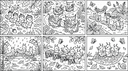 Colorbook style detailed caterpillar scenes with insects playing drums riding leaves exploring forest path black and white vector art set for children