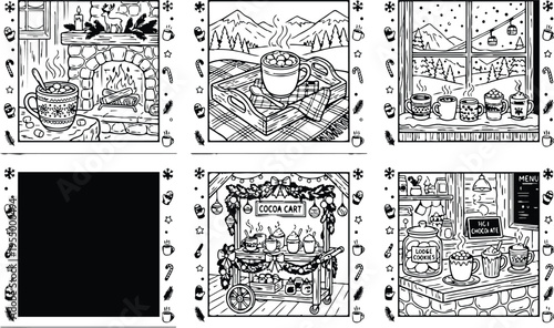 Colorbook style cozy winter scenes collection showing steaming hot cocoa cups and festive decorations with blankets mittens and winter mountains in black and white line art
